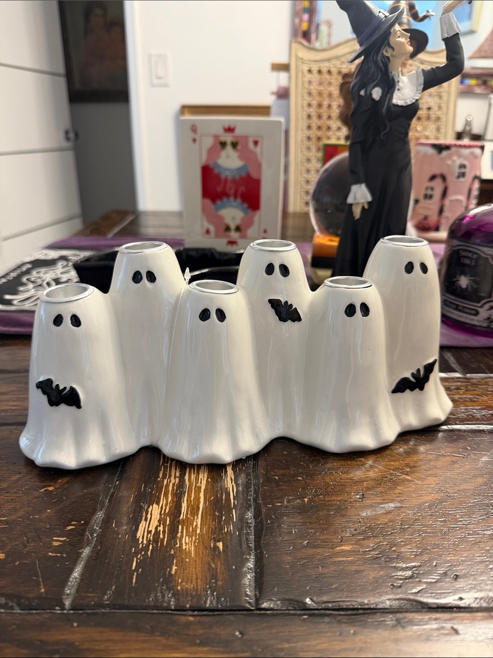 Halloween White & Black Ceramic Ghosts & Bats Candle Holder